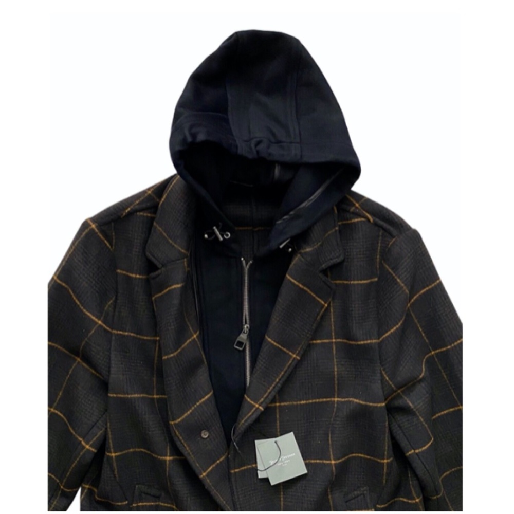 Hickey Freeman Nwt $395 Wool Blend Olive Check Plaid Hooded Jacket Coat Medium - Picture 4 of 6